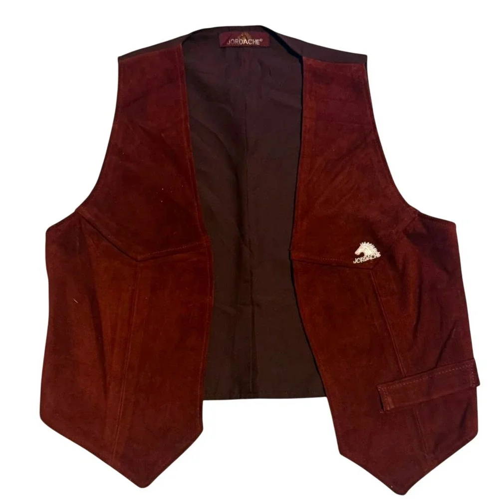 Vintage Jordache Mens Suede Western Vest Burgundy Horse Logo Cowboy Retro